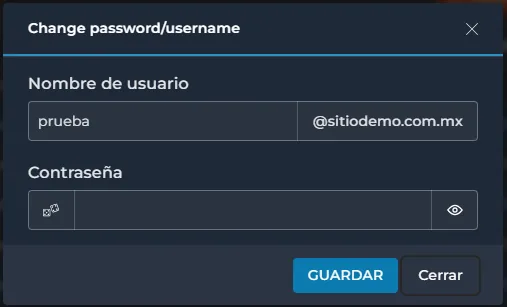 Ventana para cambiar la contraseña o el nombre de usuario de la cuenta