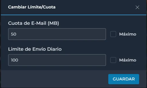 Ventana Cambiar límite y cuota con la cuota de e-mail y el límite de envío diario