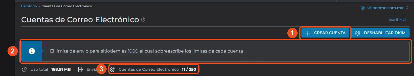Pantalla Cuentas de Correo Electrónico con el botón Crear cuenta, el aviso del límite de envío y el contador de cuentas marcados