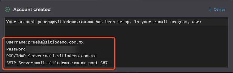 Ventana Account created con el usuario, la contraseña difuminada y los servidores POP/IMAP y SMTP