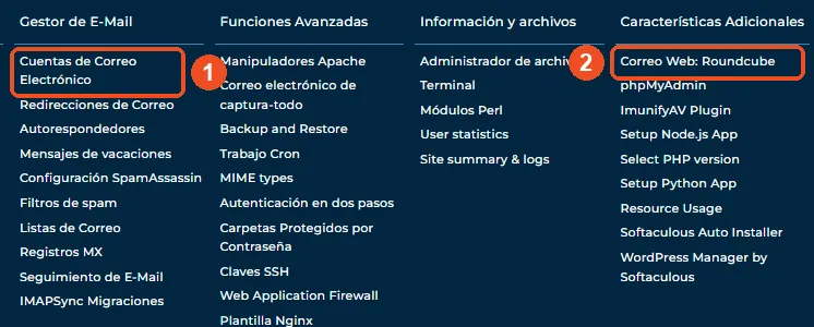 Menú de DirectAdmin con Cuentas de Correo Electrónico y Correo Web Roundcube marcados