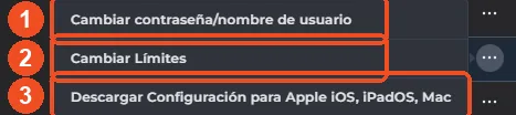 Menú de opciones de una cuenta de correo con Cambiar contraseña, Cambiar límites y Descargar configuración para Apple marcados