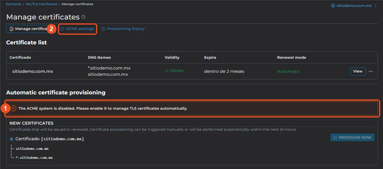 Pantalla Manage certificates con el aviso The ACME system is disabled y la pestaña ACME settings marcados