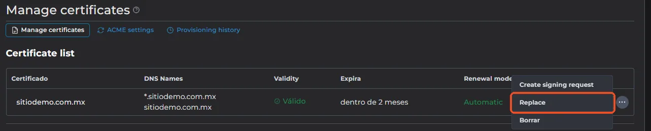Menú de tres puntos del certificado con la opción Replace marcada