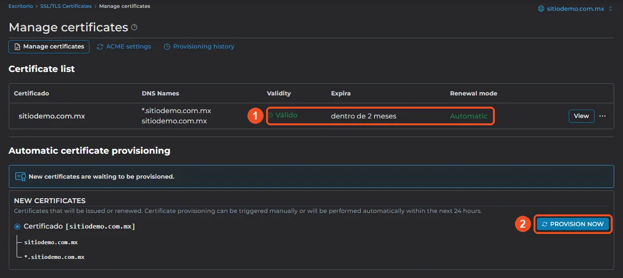 Manage certificates con el certificado válido en renovación automática y el botón Provision now marcados