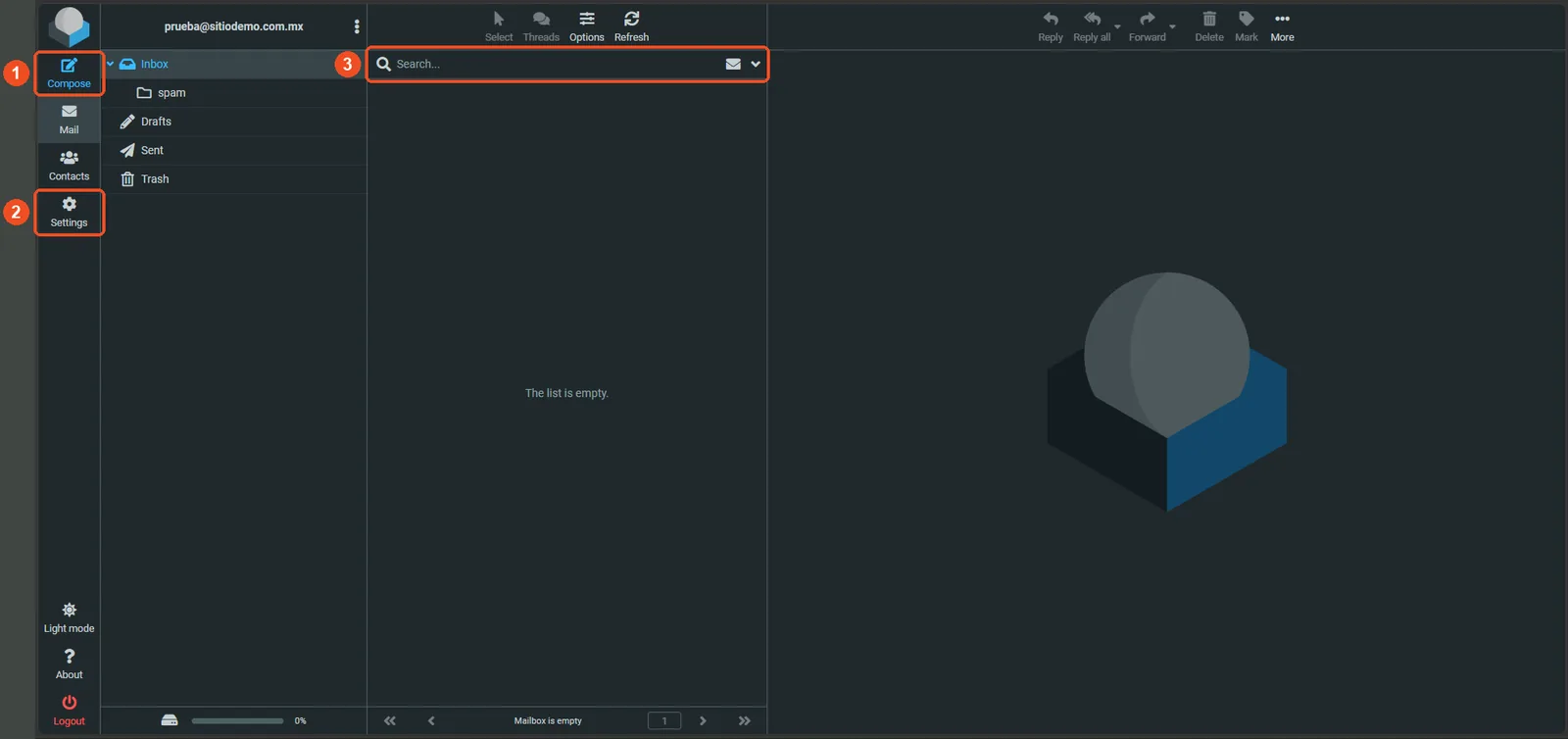 Bandeja de entrada de Roundcube con Redactar, Configuración y el buscador marcados