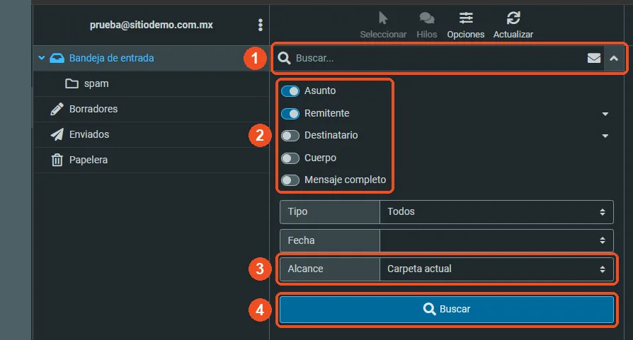 Opciones de búsqueda de Roundcube con el cuadro Buscar, los campos de búsqueda, el alcance y el botón Buscar marcados
