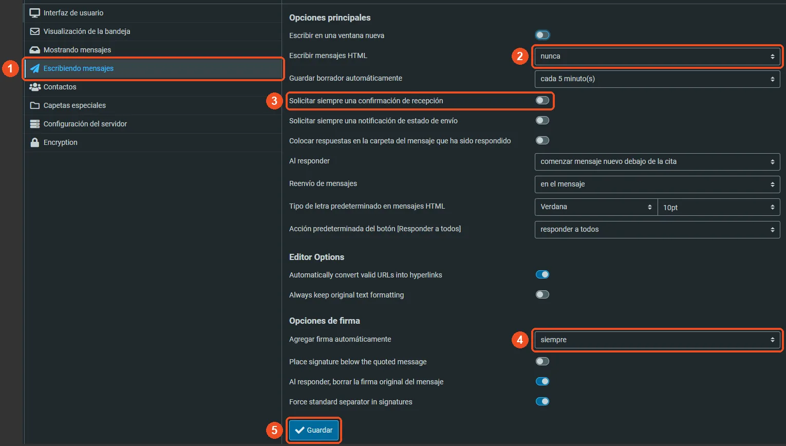 Preferencias Escribiendo mensajes de Roundcube con las opciones de HTML, confirmación de recepción, firma automática y Guardar marcadas