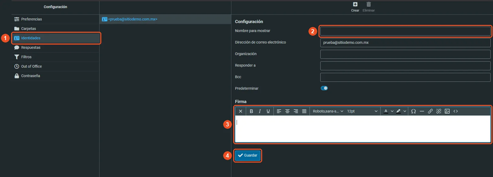 Identidades de Roundcube con Identidades, Nombre para mostrar, el editor de firma y Guardar marcados