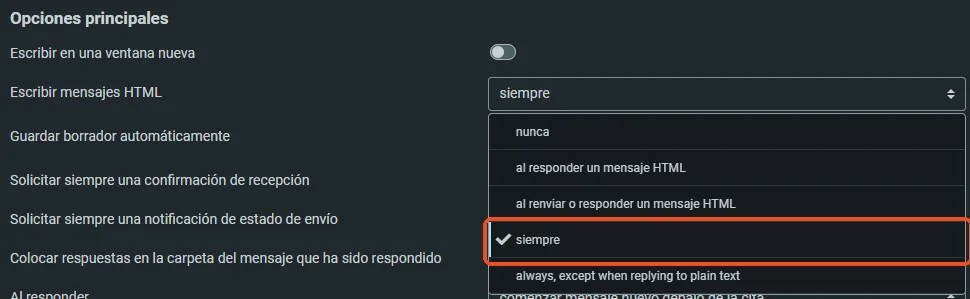 Lista de opciones de Escribir mensajes HTML con la opción siempre marcada
