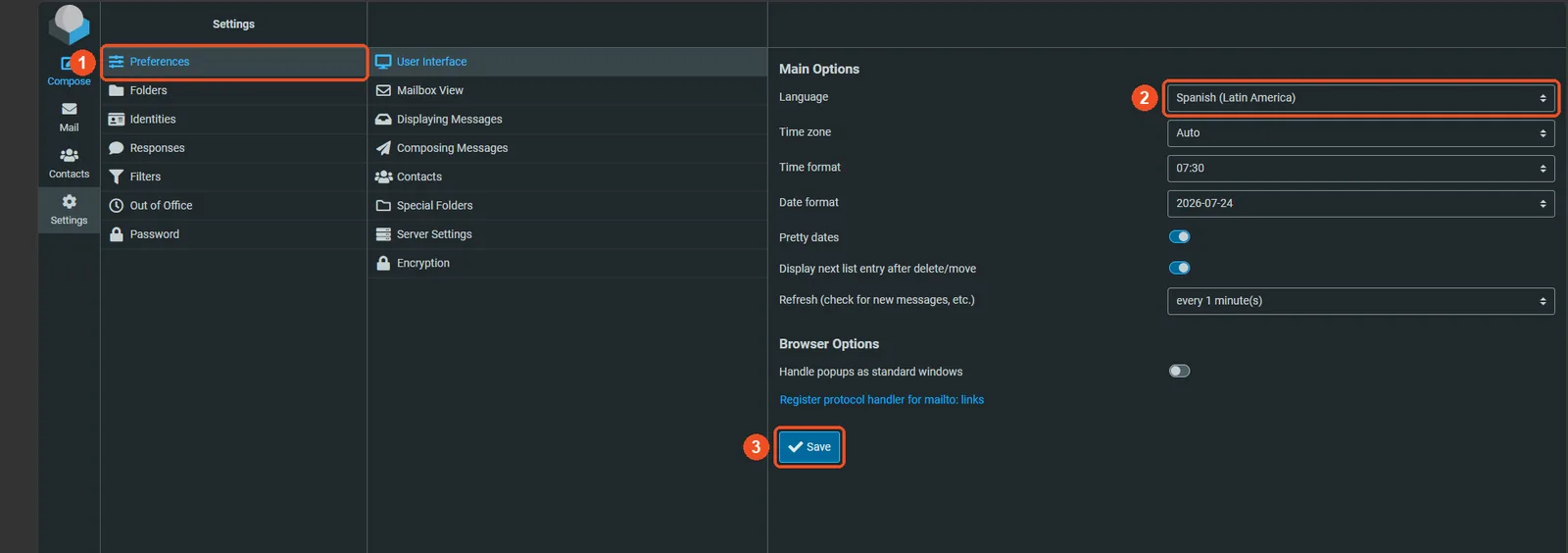 Preferencias de interfaz de usuario de Roundcube con Preferences, Language y Save marcados