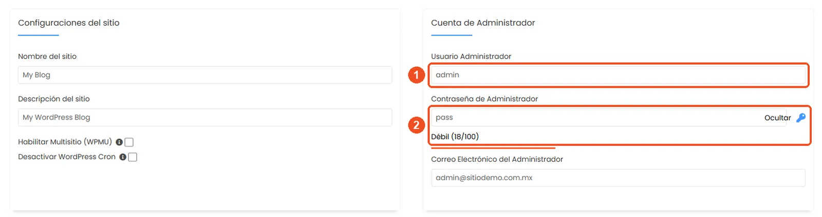 Cuenta de Administrador con el usuario y la contraseña marcados