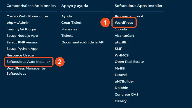 Menú de DirectAdmin con WordPress en la columna Softaculous Apps Installer y la opción Softaculous Auto Installer marcadas