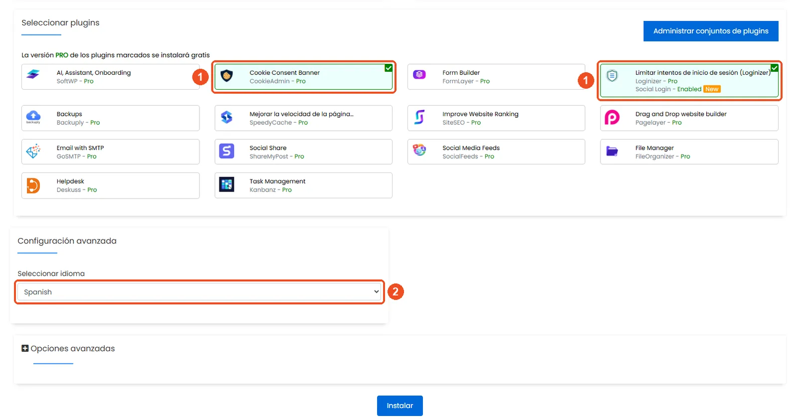 Secciones Seleccionar plugins y Configuración avanzada con los plugins preseleccionados y el idioma marcados