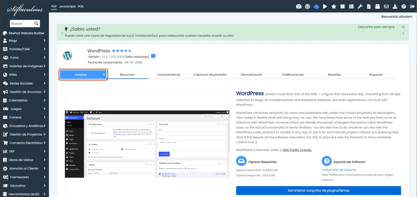 Página de WordPress en Softaculous con la pestaña Instalar marcada