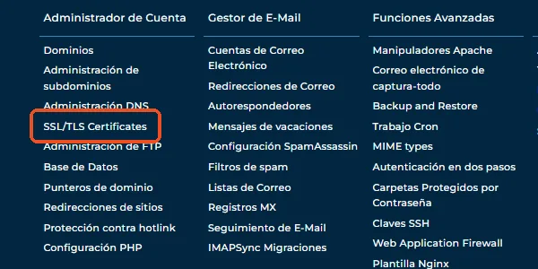 Menú Administrador de Cuenta de DirectAdmin con la opción SSL/TLS Certificates marcada